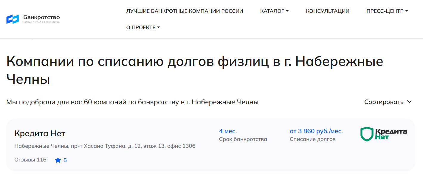 КредитаНет – первые в рейтинге компаний по банкротству в Набережных Челнах на сайте Банкротство Инфо